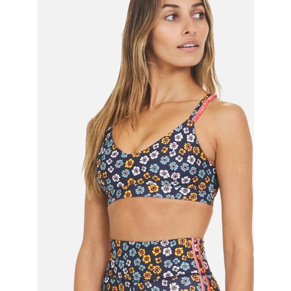 The Upside Sports Bra Atacama Larri Floral Print Ruffle Indigo Athleisure NWT M